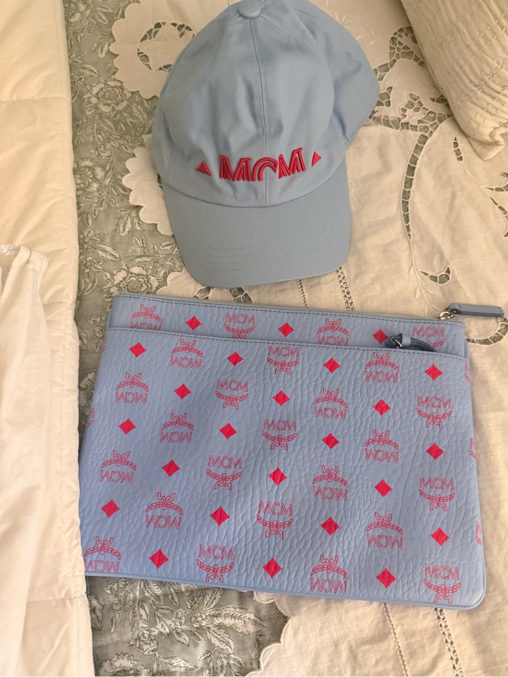 MCM Sky Blue Visetos Zip Pouch / Crossbody + Matching Hat